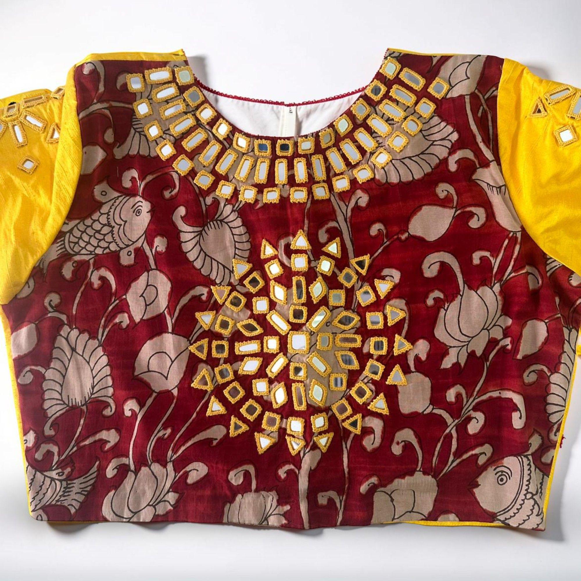 Raw Silk Kalamkari Blouse with Dazzling Kutch Mirror Embroidery!