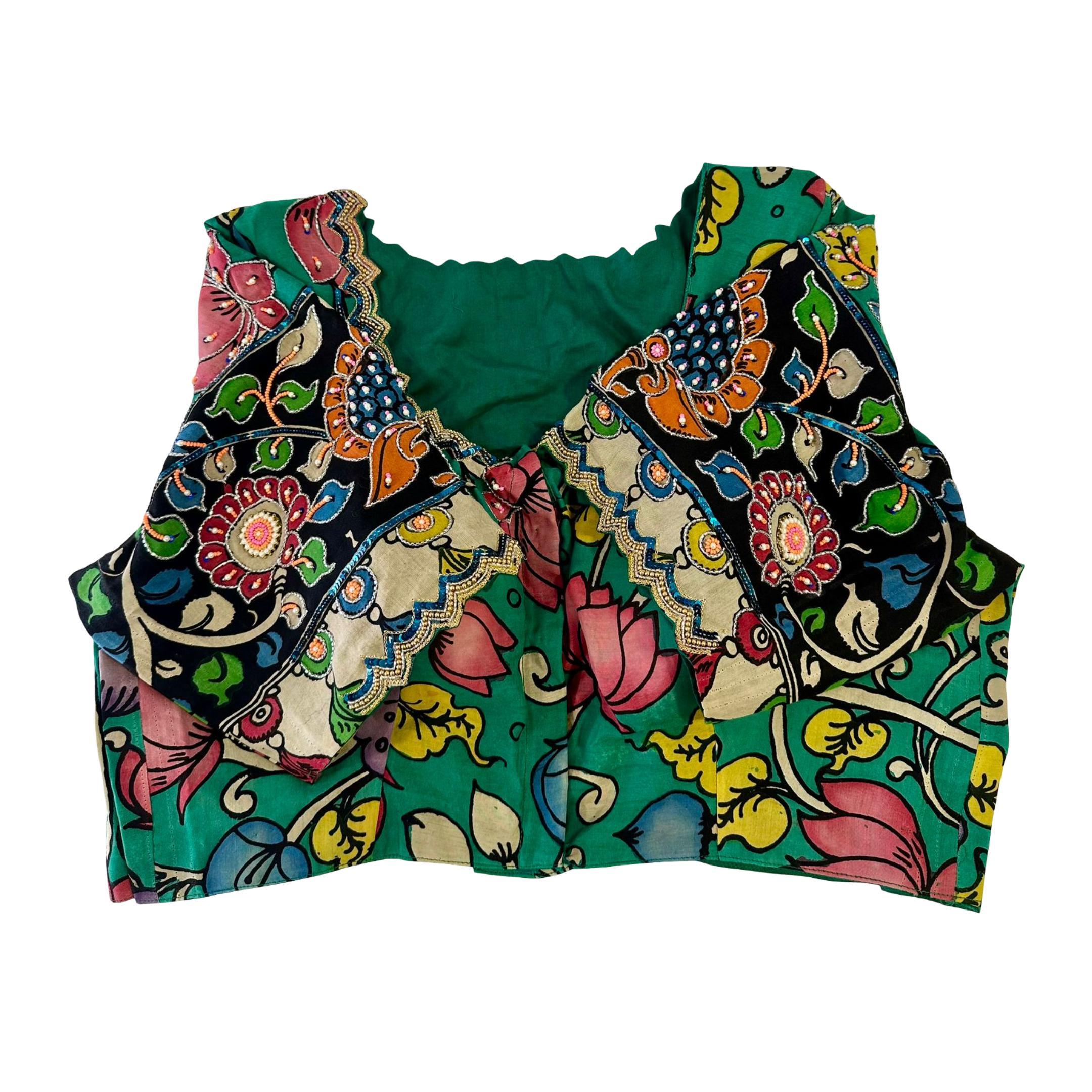Handcrafted Raw Silk Blouse with Kalamkari fabric