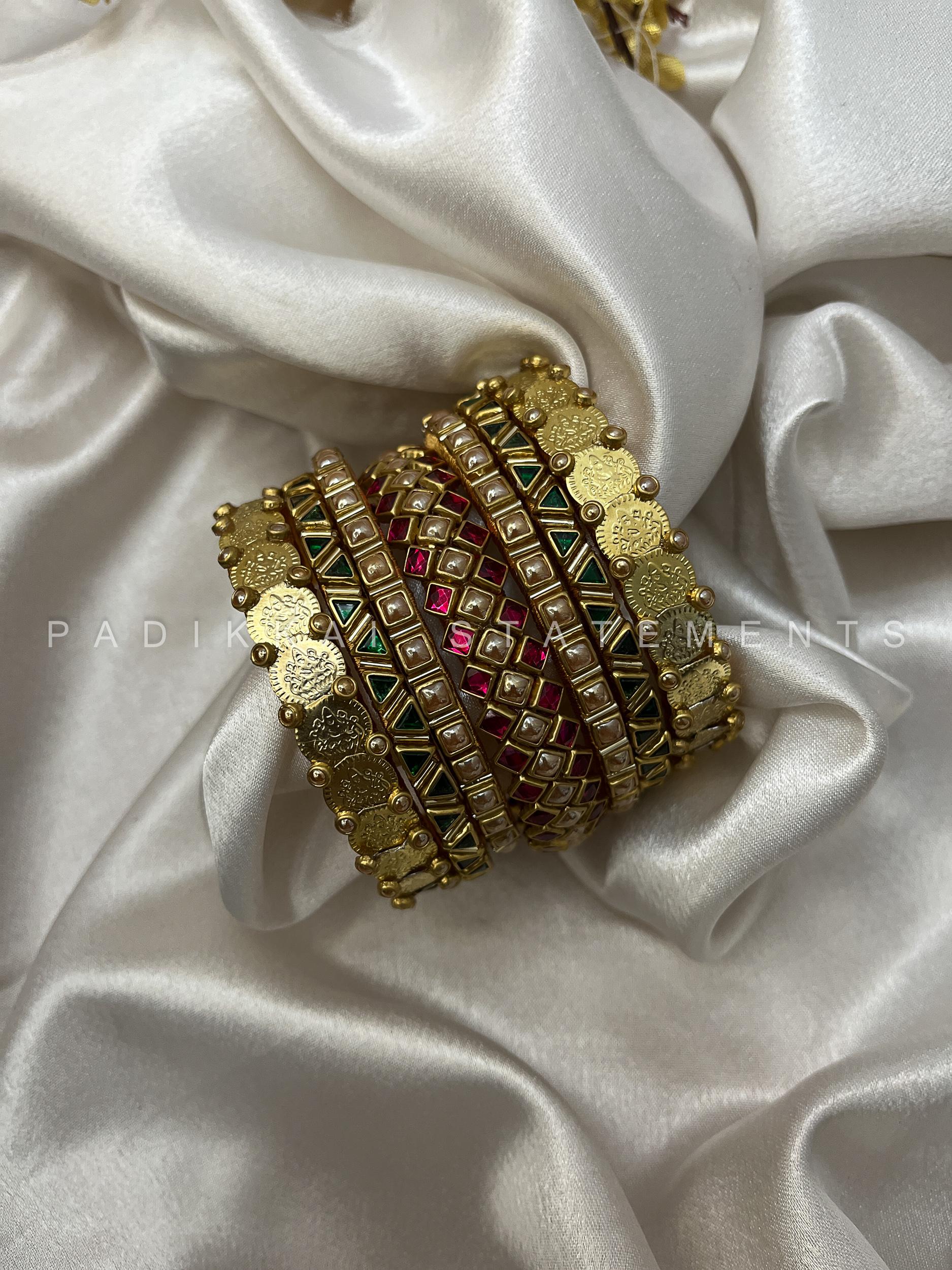 Royal Lakshmi Coin Bangle Set - Rani Pink and Dark Green