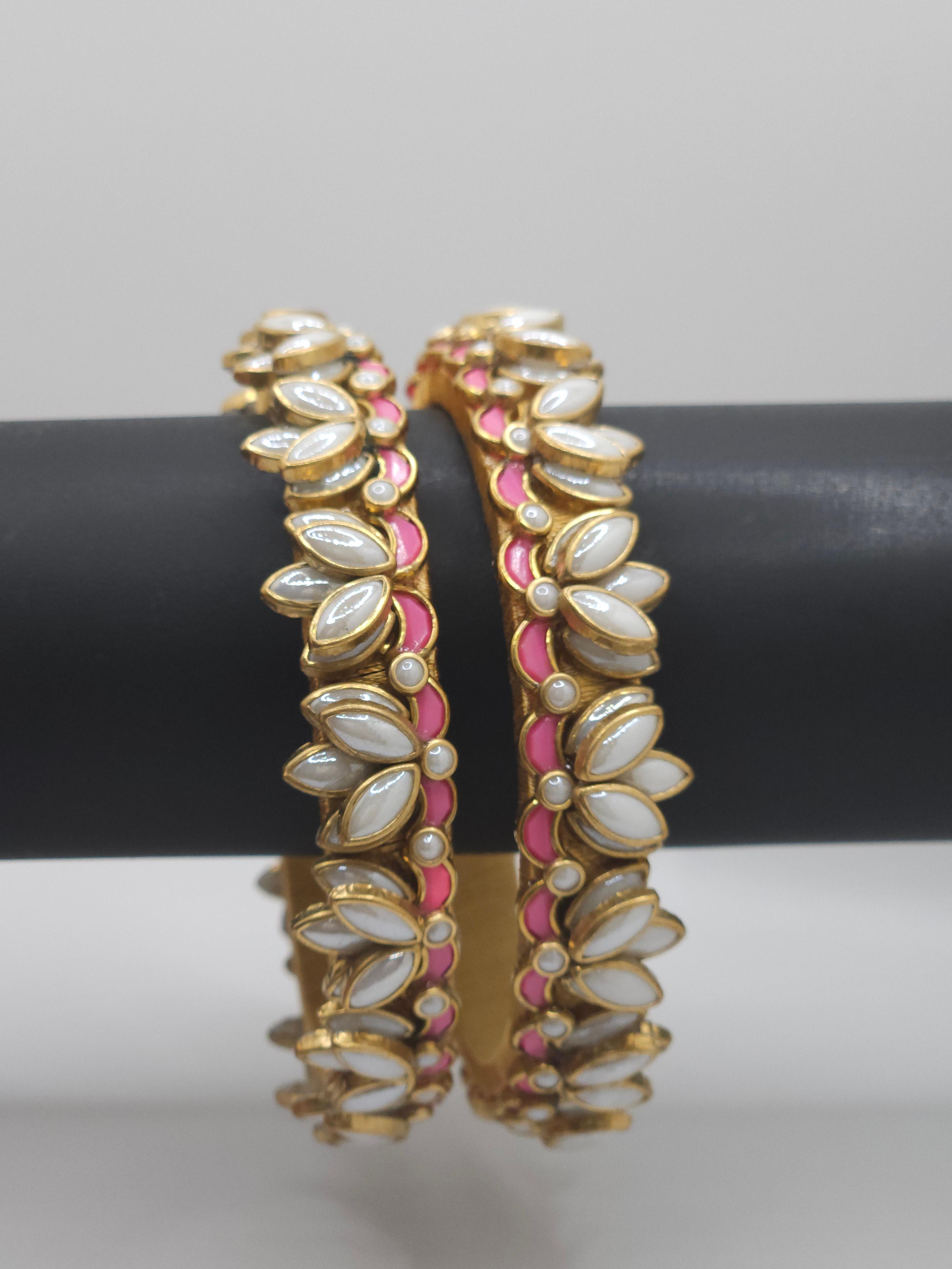 Handmade Lotus Design Thread Bangles - Pink & White Set of 2