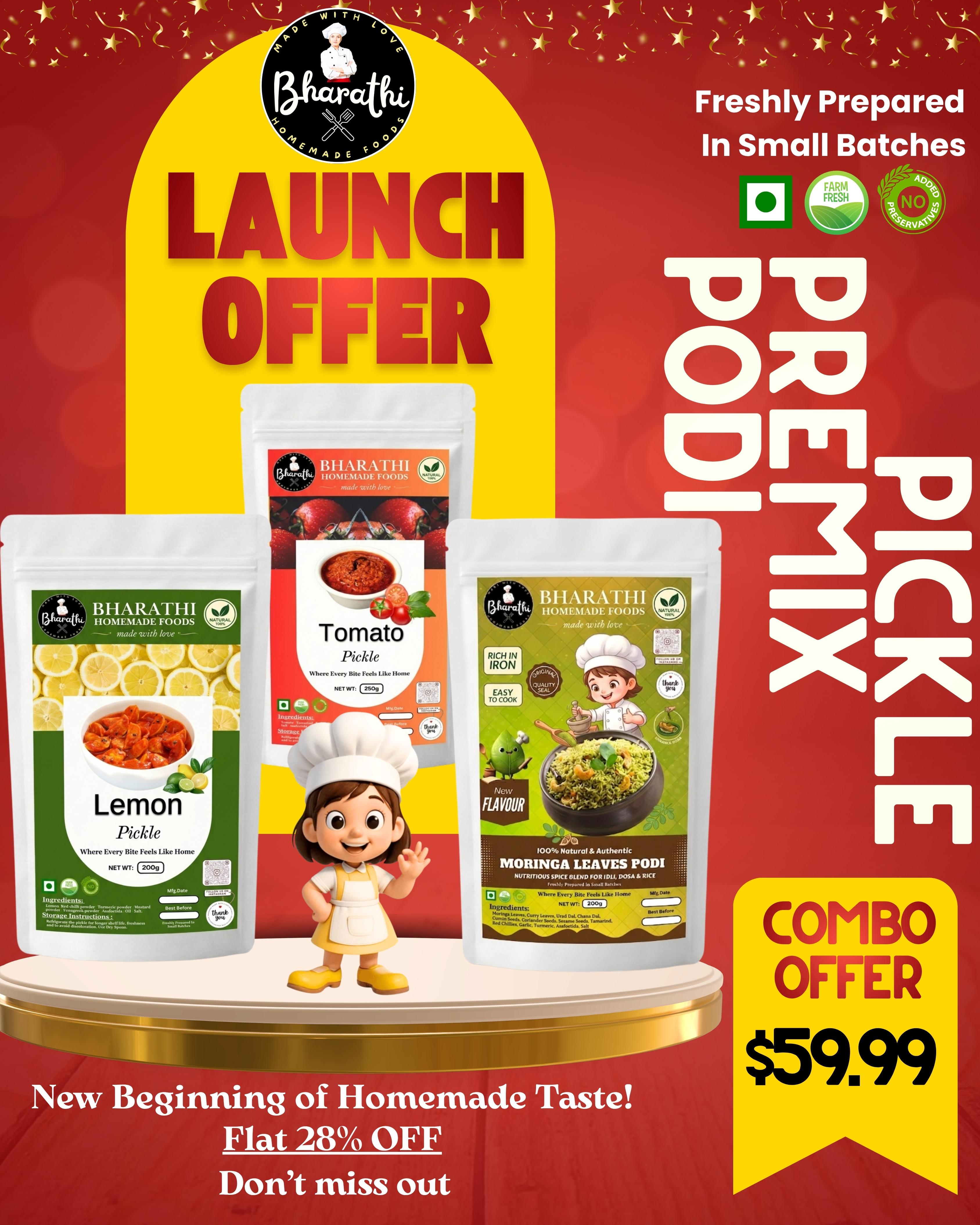 LAUNCH OFFER - SPECIAL COMBO 3  IN 1 - LEMON PICKLE - TOMATO MIX - MORING LEAVES PODI