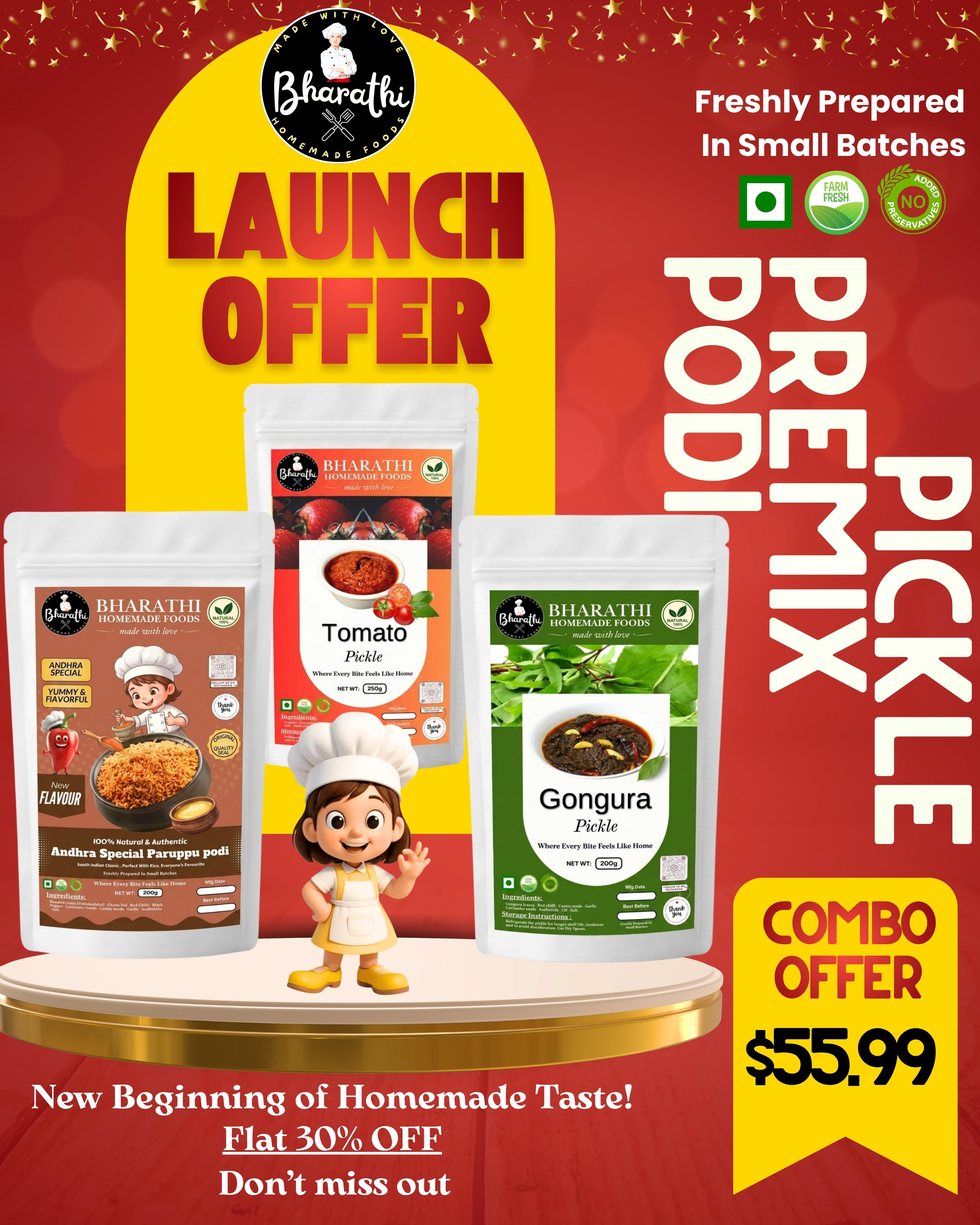 3 In SPECIAL COMBO - ANDHRA SPECIAL PARUPPU PODI - TOMATO PREMIX - GONGURA PICKLE