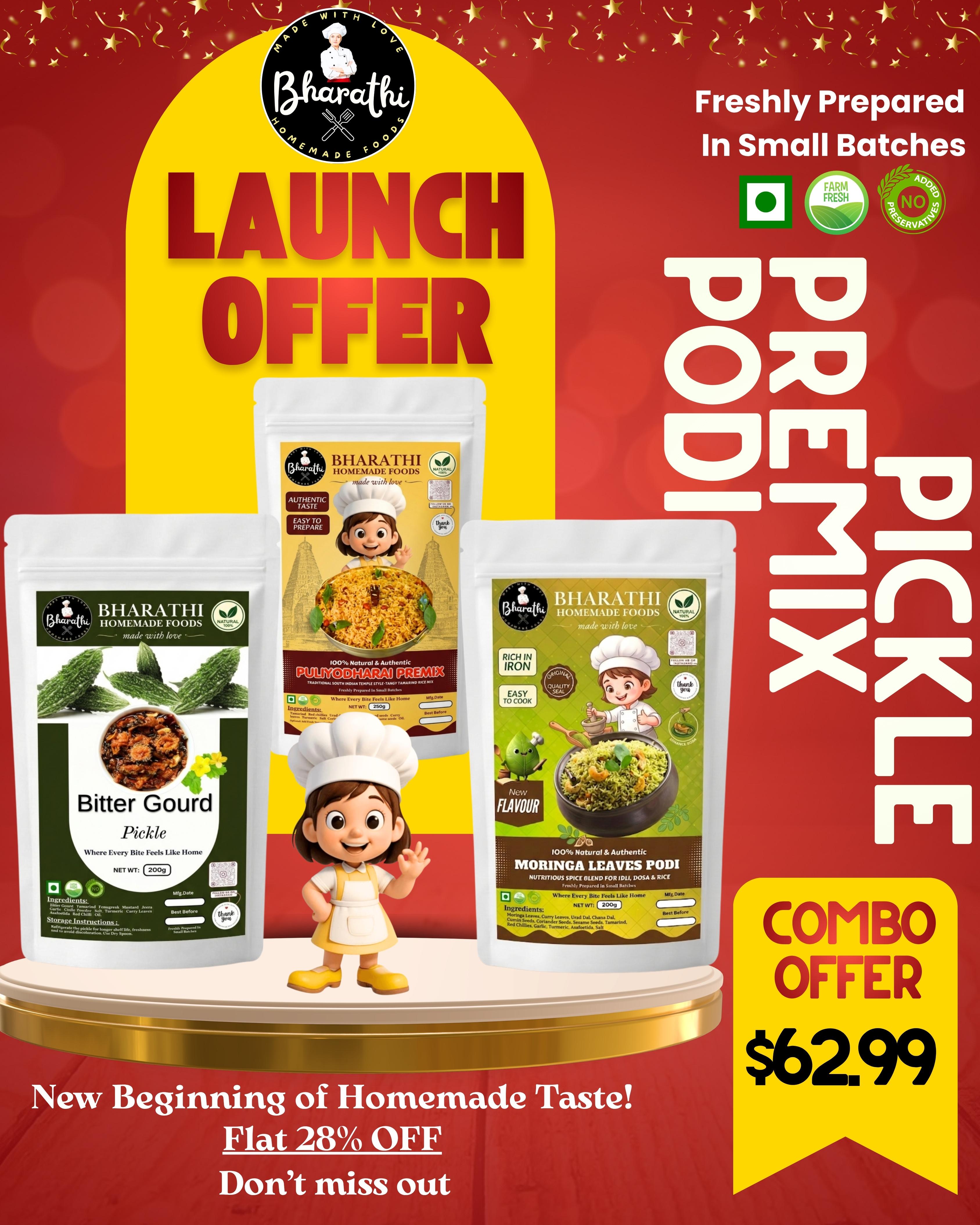 SPECIAL COMBO - 3 IN 1 COMBO - BITTER GOURD PICKLE - PULIYODHARAI PREMIX - MORINGA LEAVES PODI