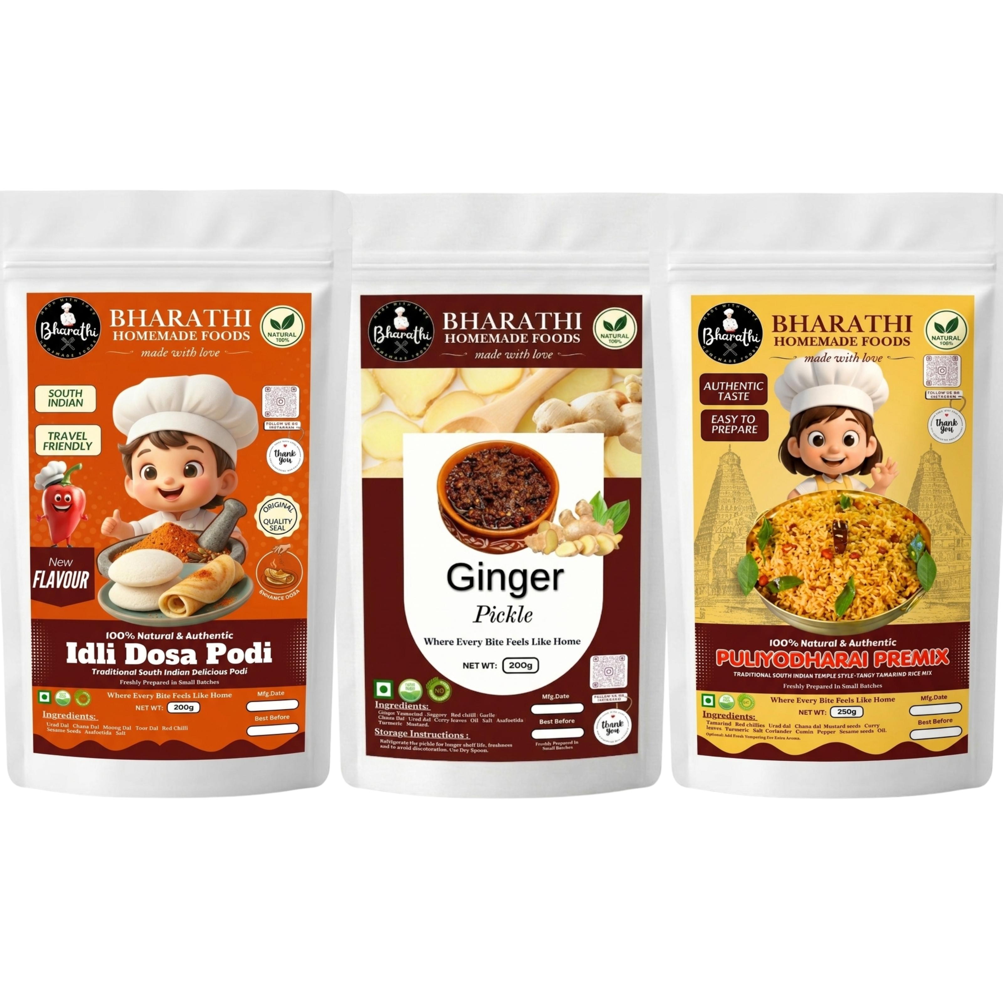 Ginger Pickle- Puliyodharai Premix - Idli Dosa Podi- 3 in 1 SPECIAL COMBO