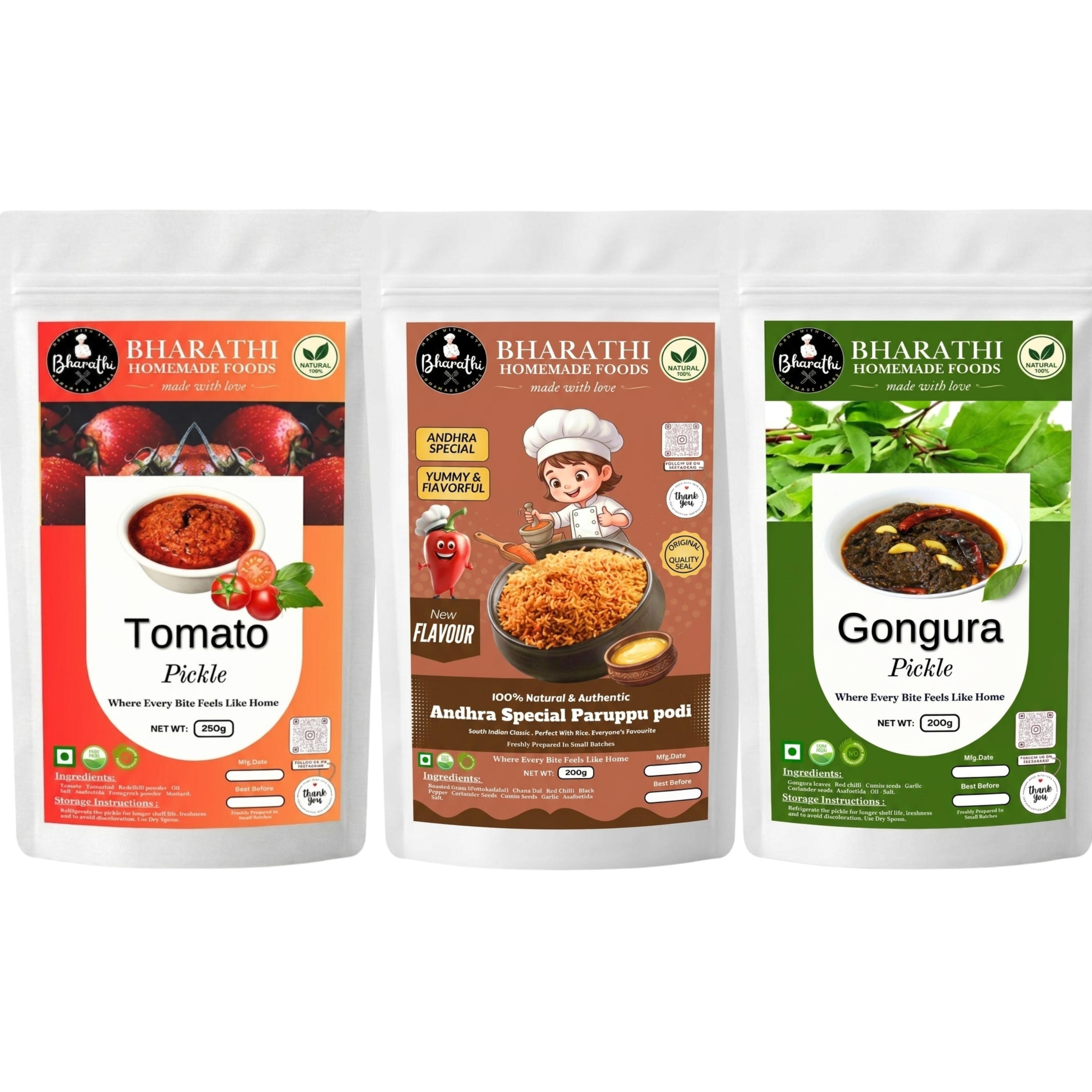 Andhra Special Paruppu Podi- Tomato Premix - Gongura Pickle- SPECIAL COMBO