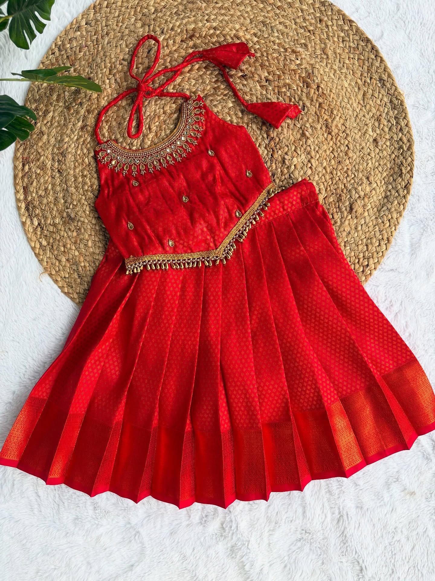 Red Semi Silk Skirt with Handcrafted Aari Work Top | Traditional Tamil Ethnic Wear for Women