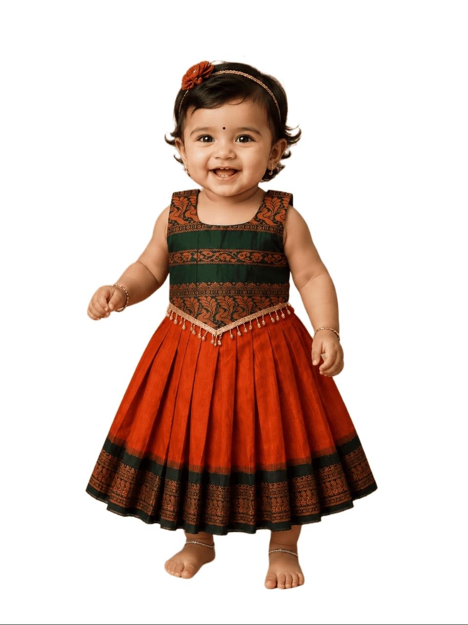 Orange &amp; Green Kalyani Silk Skirt &amp; Top Set | Traditional South Indian Ethnic Wear for Women