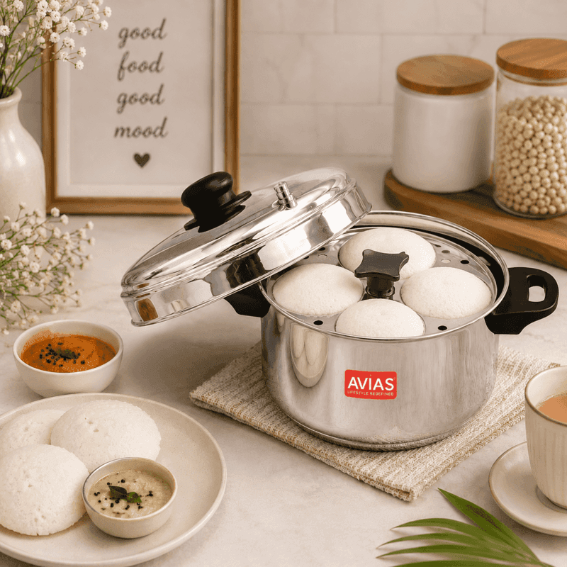 AVIAS Idlimate IB Stainless Steel Idli Cooker with 4 Plates Makes 16 Idlis Induction and Gas Compati