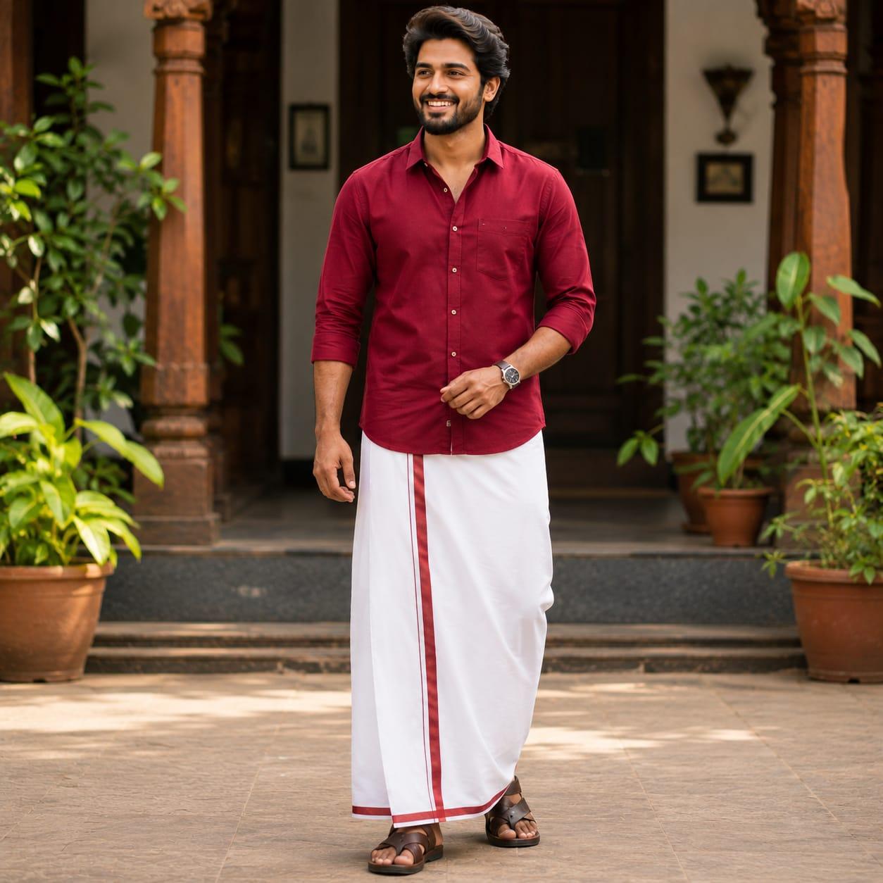Single White Colour Thread maroon border Cotton Dhoti 2mts