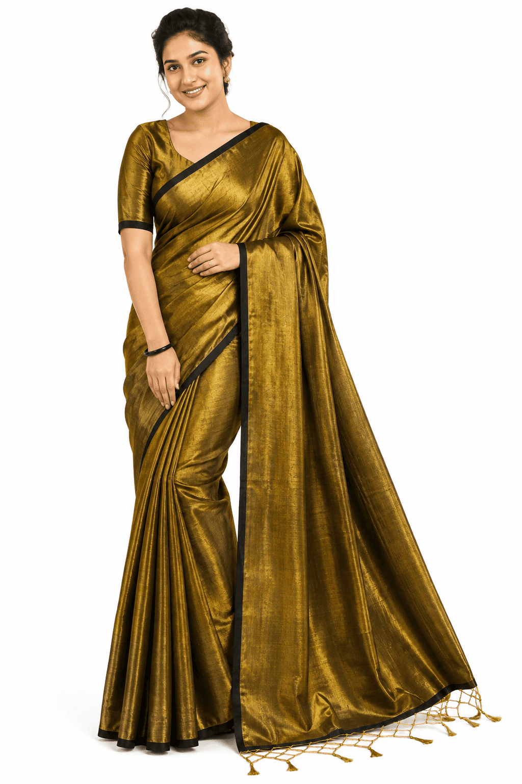 Women’s Bronze Gold Khadi Tissue Saree with Black Contrast Border and Tassel Pallu – Elegant Party Wear