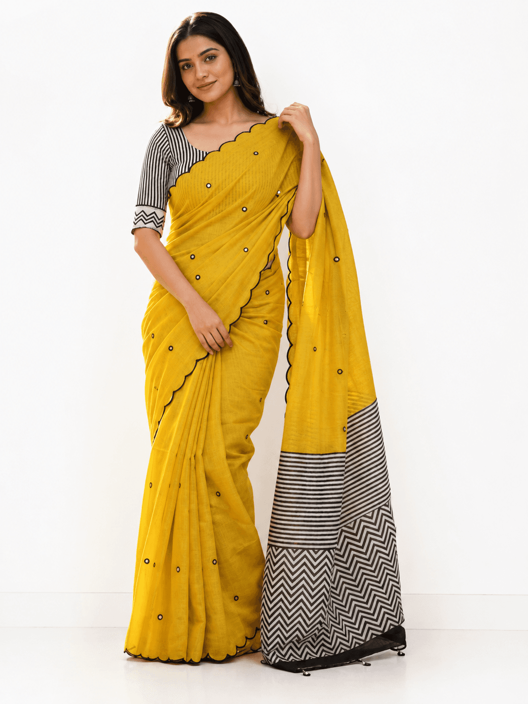 Women's Mustard Yellow Linen Mirror Work Saree with Scallop Border &amp; Designer Printed Pallu  Party