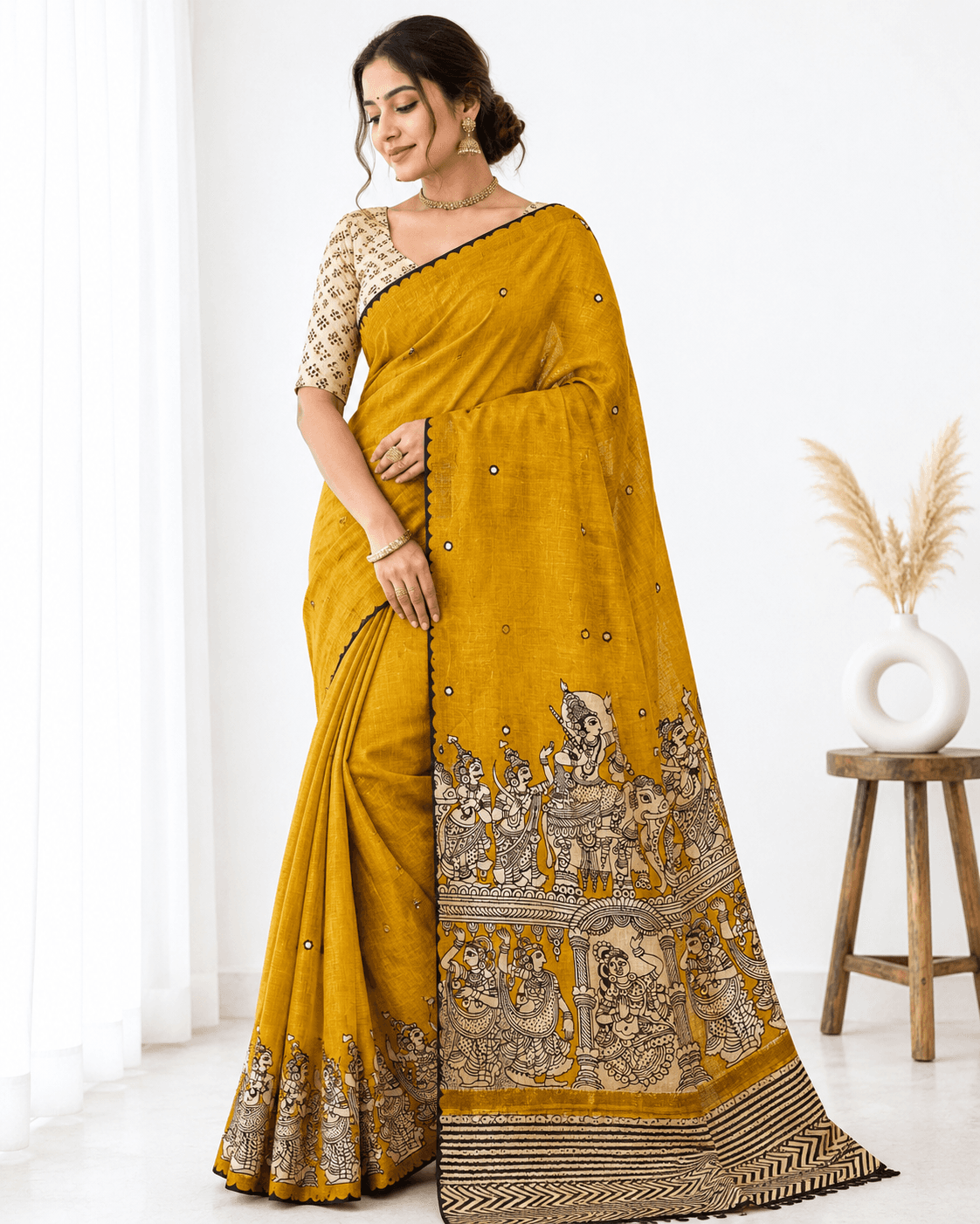 Women’s Mustard Linen Cotton Saree with Traditional Kalamkari Print Pallu &amp; Printed Unstitched Blouse