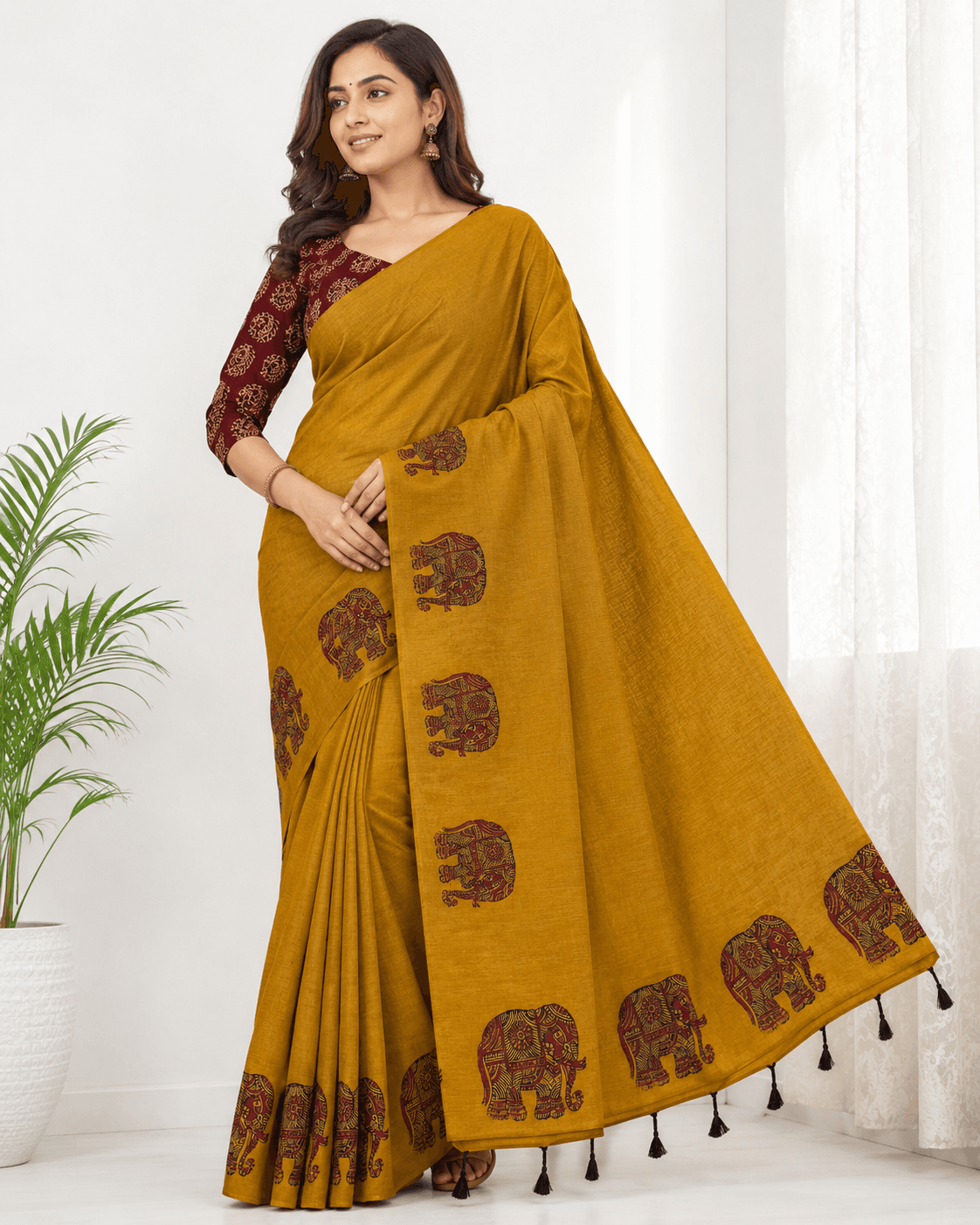 Women’s Mustard Yellow South Cotton Mix Saree with Elephant Block Print Border with Printed Blouse