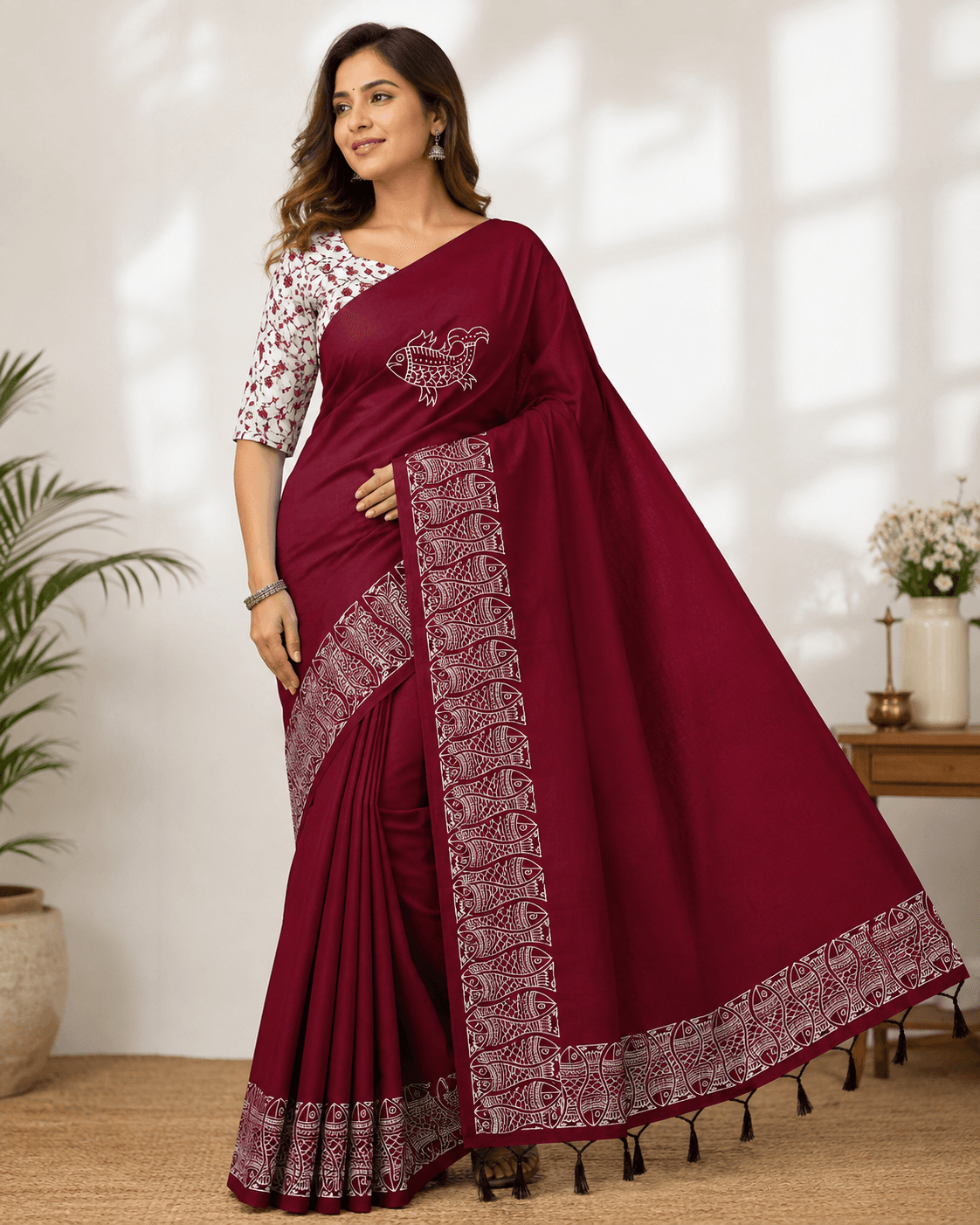 Women’s Maroon South Cotton Mix Saree with White Fish Print Border with Floral Printed Blouse