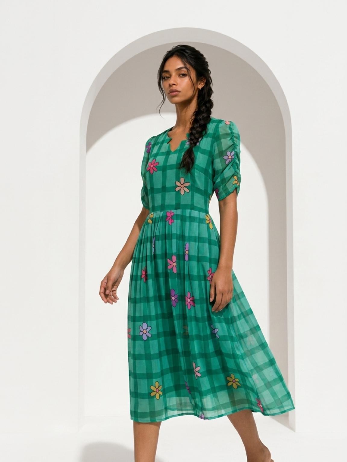 Green Check Floral Georgette Maxi Dress -Comfortable Indo Western Dress