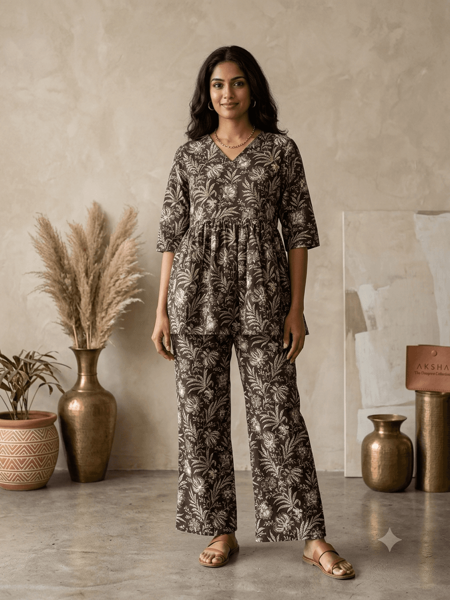 Brown Cotton Peplum Top and Palazzo Pant
