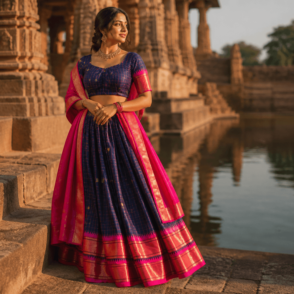 Traditional Dhavani Set with Flared Long Skirt, Back-Open Blouse with Dupatta