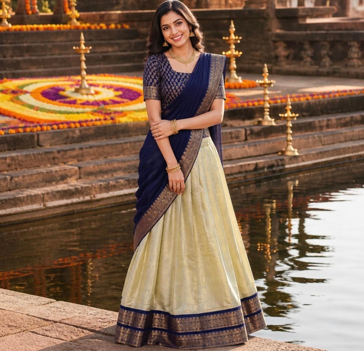 Pastel Green with Navy Blue Traditional Lehenga Set with Antique Gold Zari