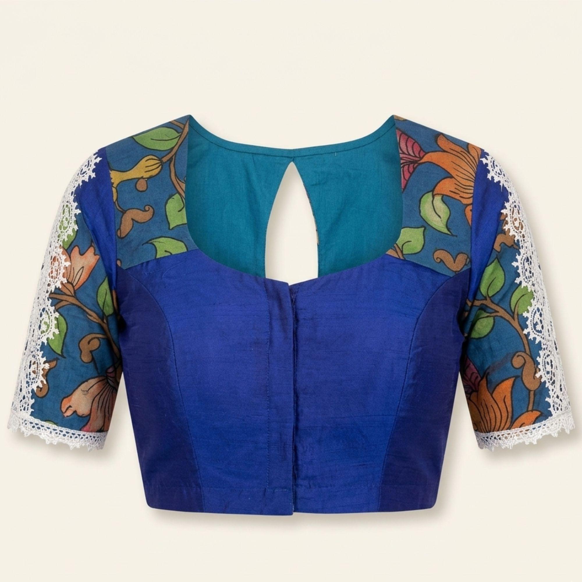 Handcrafted Designer Raw Silk Kalamkari Blouse with Timeless Kasuti Embroidery Charm Handcrafted Designer Raw Silk Kalamkari Blouse with Timeless Kasuti Embroidery Charm