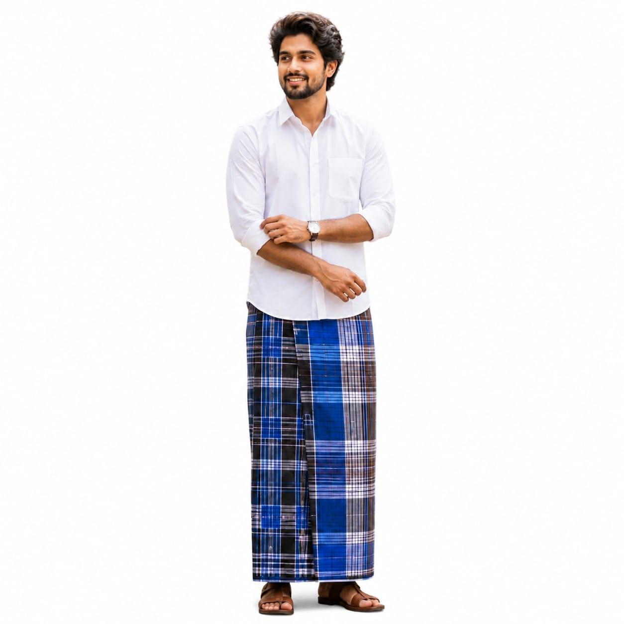Men's Premium Handwoven Cotton Checked Lungi Blue 2.10 m Men's Premium Handwoven Cotton Checked Lungi Blue 2.10 m