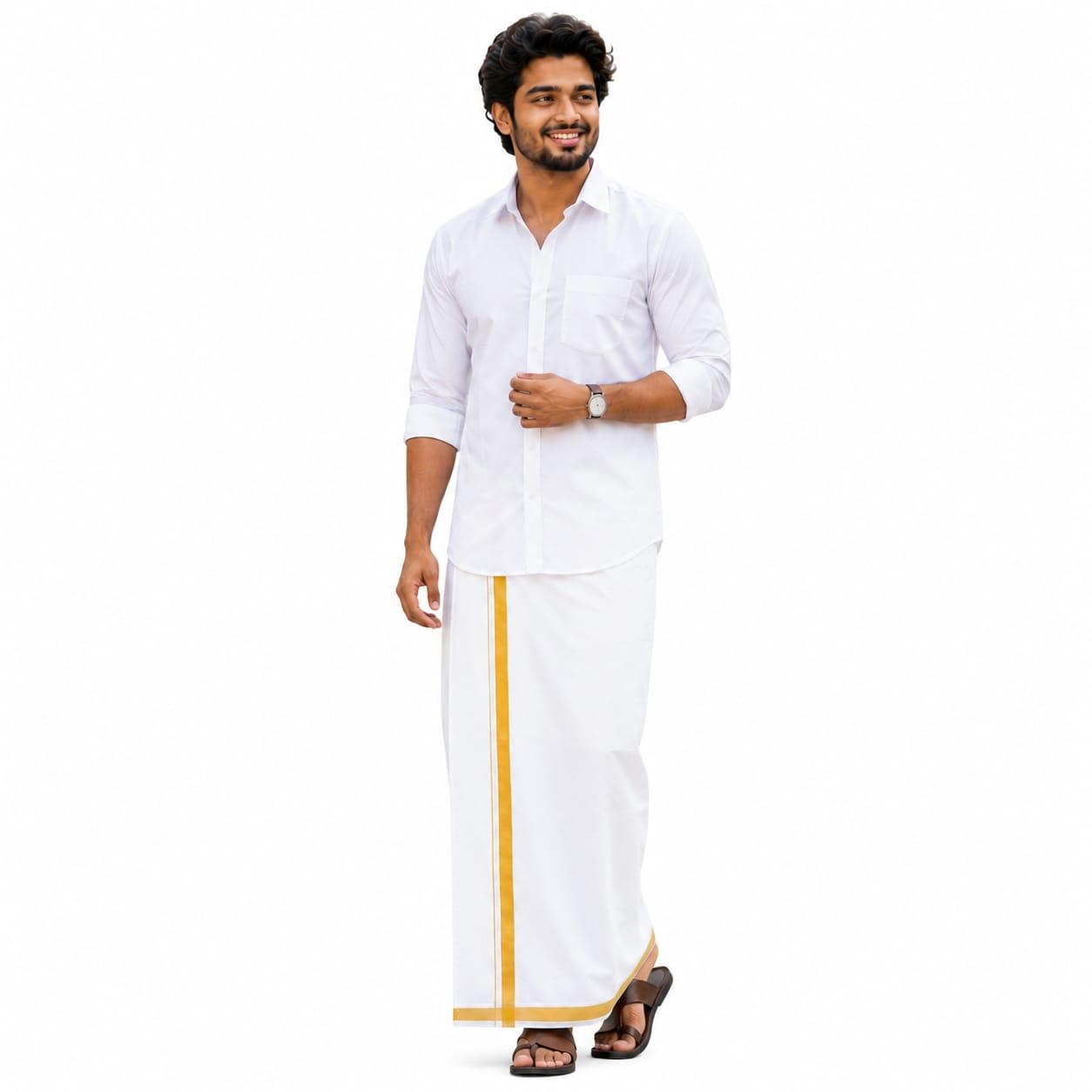 Premium Golden Zari Double Veshti 4 Meter Pure Cotton Handwoven Dhoti Premium Golden Zari Double Veshti 4 Meter Pure Cotton Handwoven Dhoti