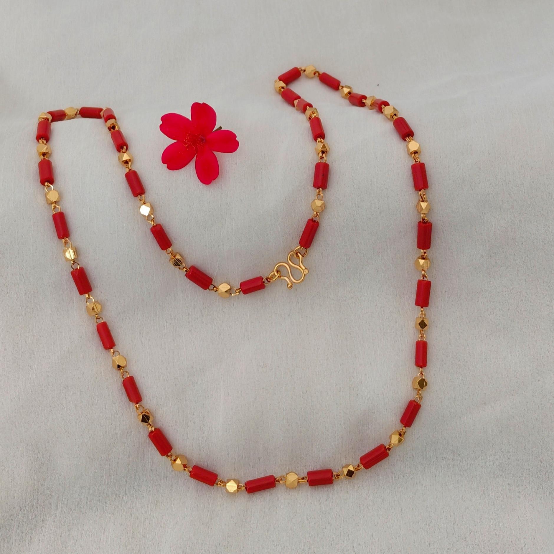 Tube Coral with Gold Beads Chain Tube Coral with Gold Beads Chain