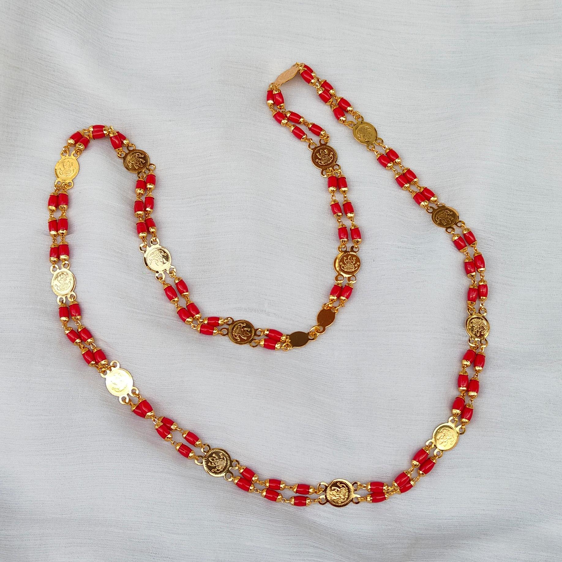 Double layer Artificial coral chain with lakshmi coin. Double layer Artificial coral chain with lakshmi coin.