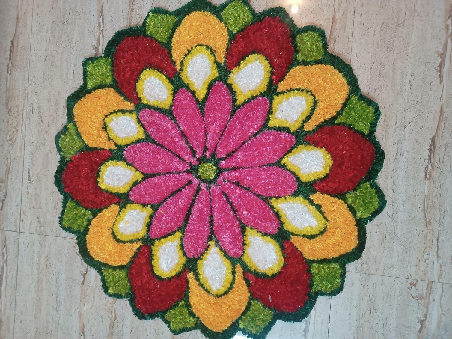 Colourful Flower Rangoli Mat for Home Décor & Pooja – 2 ft | Reusable Floral Decoration Mat for Festivals, Temple & Entrance Colourful Flower Rangoli Mat for Home Décor & Pooja – 2 ft | Reusable Floral Decoration Mat for Festivals, Temple & Entrance
