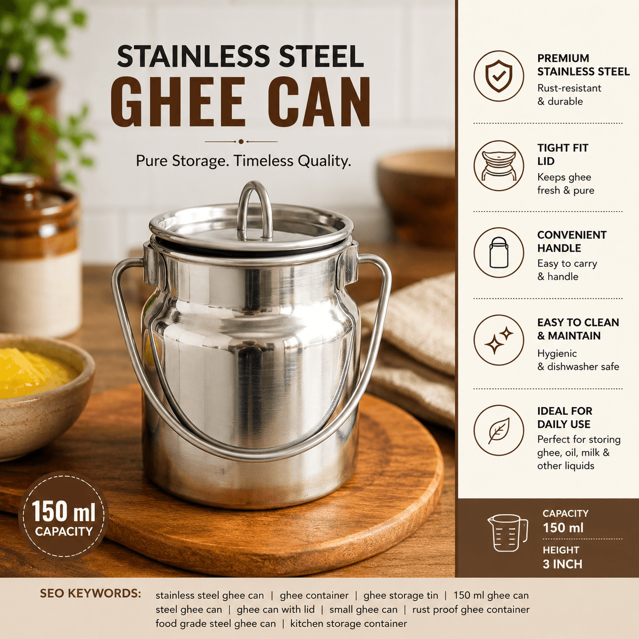 Premium Stainless Steel Mini Ghee Can 150ml Premium Stainless Steel Mini Ghee Can 150ml