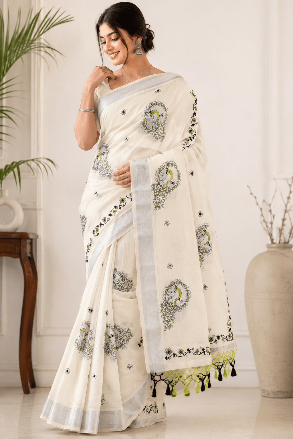 Off-White Kerala Cotton Saree with Peacock Embroidery, Silver Zari Border and Tassels Off-White Kerala Cotton Saree with Peacock Embroidery, Silver Zari Border and Tassels