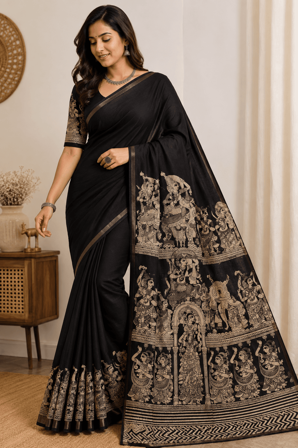 Women's Black Linen Cotton Saree with Traditional Kalamkari Print Pallu and Printed Unstitched Blouse Women's Black Linen Cotton Saree with Traditional Kalamkari Print Pallu and Printed Unstitched Blouse