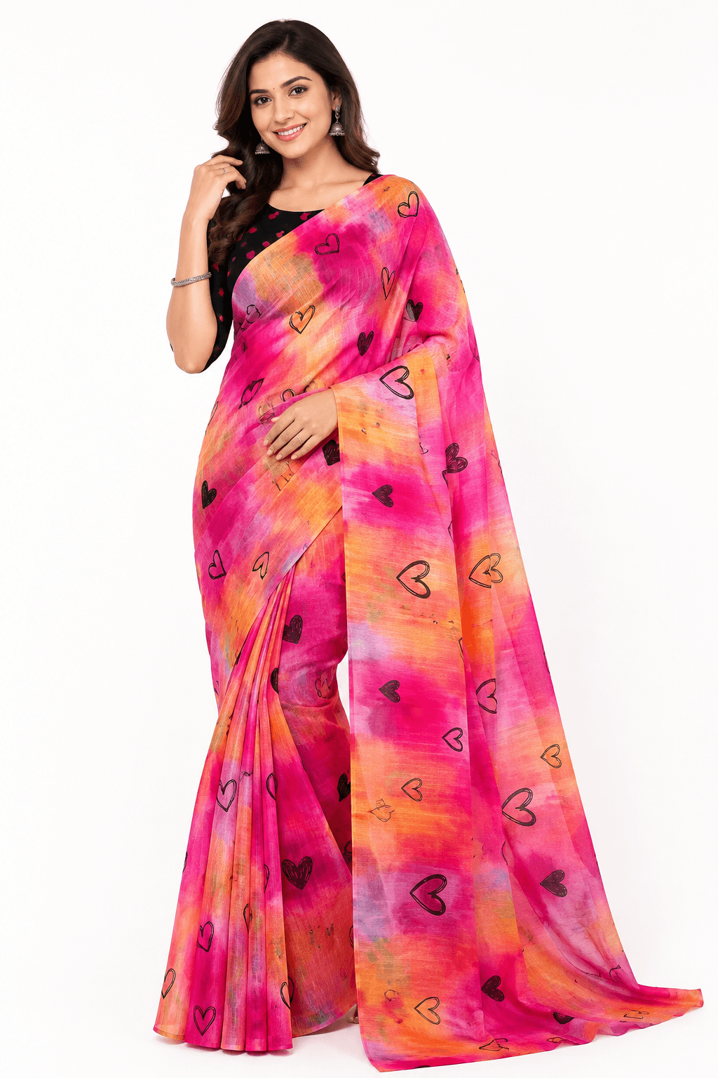 Women’s Multicolor Linen Cotton Heart Print Saree with Designer Pallu & Printed Blouse Women’s Multicolor Linen Cotton Heart Print Saree with Designer Pallu & Printed Blouse