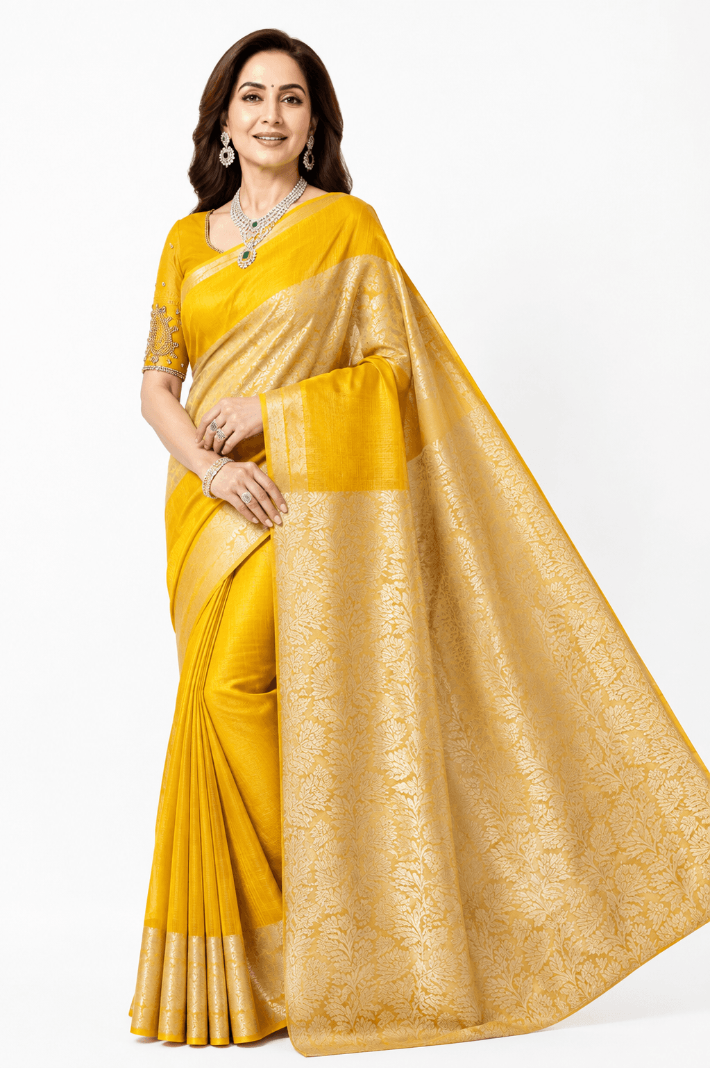Nita Ambani-Inspired Khadi Tissue Silk Saree with Rich Gold Brocade Pallu with Designer Blouse Nita Ambani-Inspired Khadi Tissue Silk Saree with Rich Gold Brocade Pallu with Designer Blouse