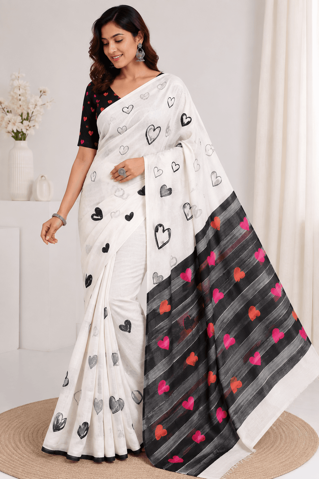 Women's White and Black Linen Cotton Heart Print Saree with Designer Heart Pallu with Printed Unstitched blouse Women's White and Black Linen Cotton Heart Print Saree with Designer Heart Pallu with Printed Unstitched blouse