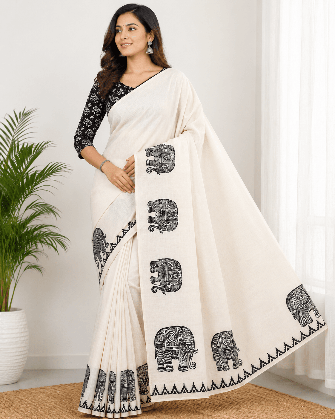Women's White and Black South Cotton Mix Block Printed Saree with Elephant Print Border with Printed Blouse Women's White and Black South Cotton Mix Block Printed Saree with Elephant Print Border with Printed Blouse