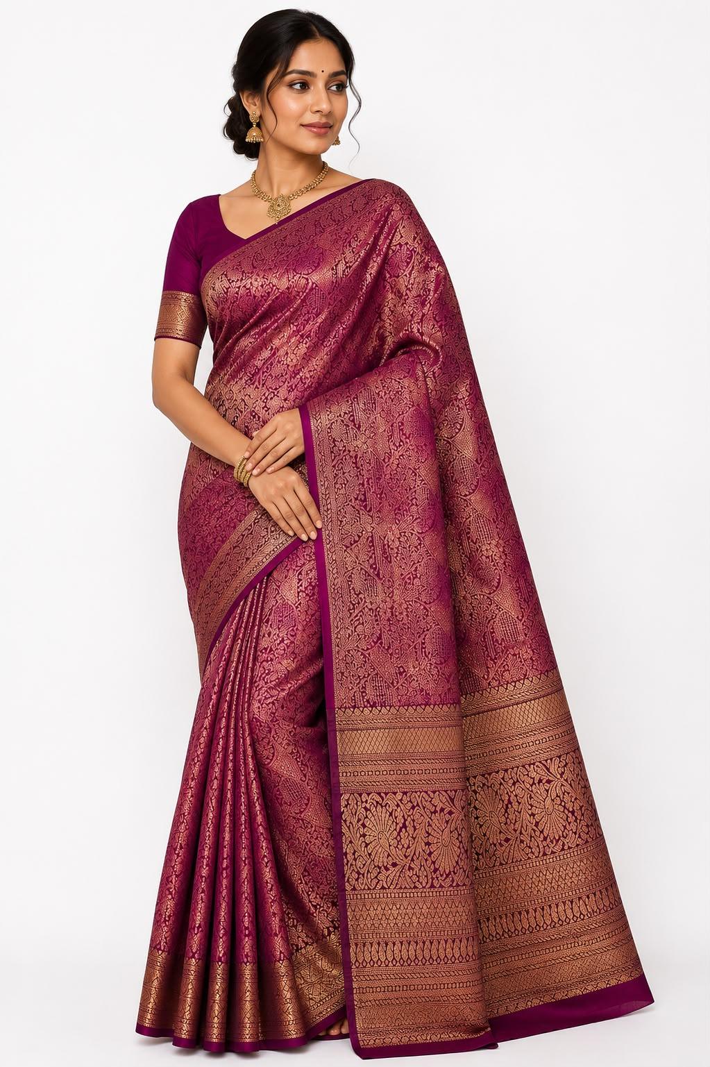Kanchipuram Semi Silk Saree Magenta Purple Gold Zari Border Kanchipuram Semi Silk Saree Magenta Purple Gold Zari Border