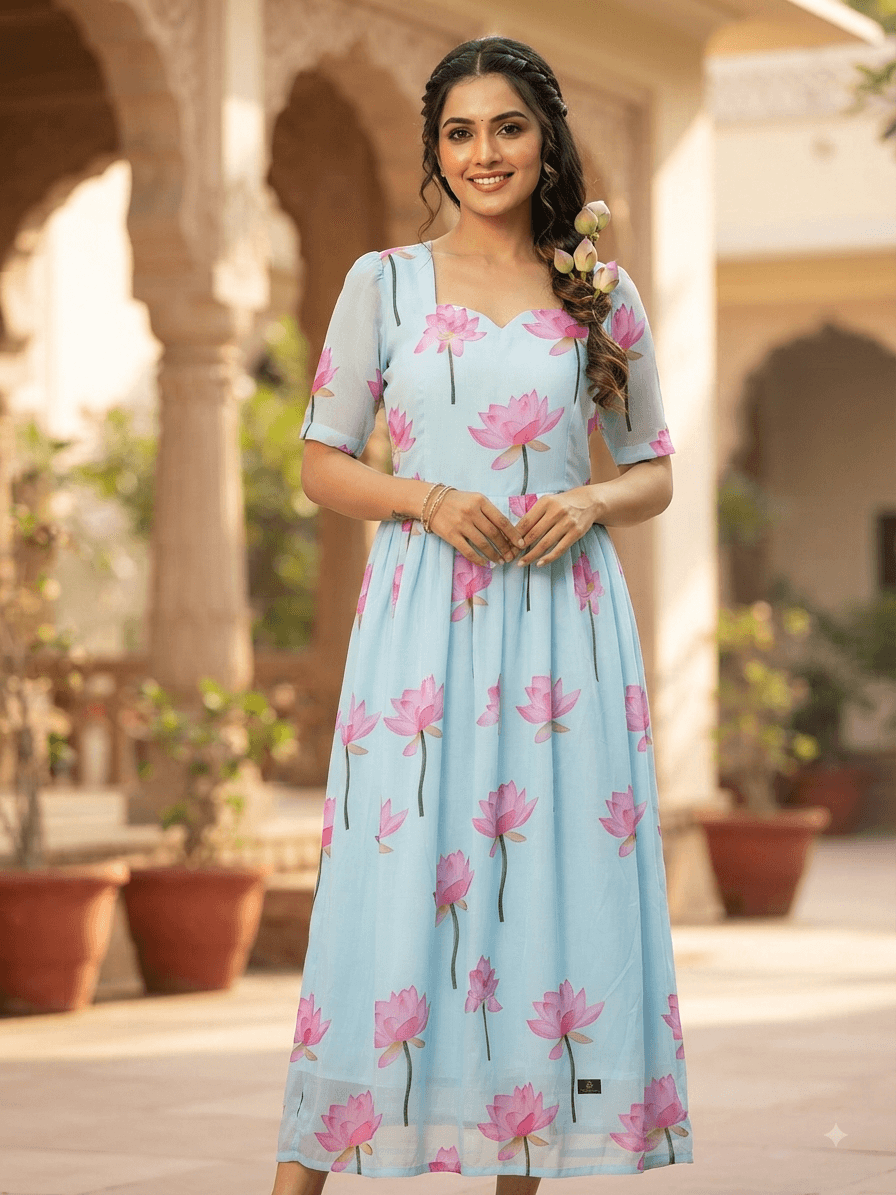Elegant Lotus Print Georgette Maxi Dress - Light Blue Floral Indi Western Dress Elegant Lotus Print Georgette Maxi Dress - Light Blue Floral Indi Western Dress