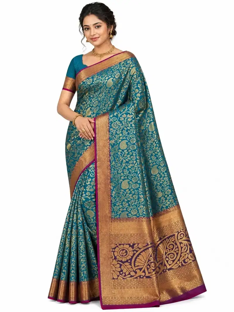 Pure Kanchipuram Silk Saree Peacock Green Pink Blouse Bridal Saree Traditional South Indian Wedding Silk Saree Pure Kanchipuram Silk Saree Peacock Green Pink Blouse Bridal Saree Traditional South Indian Wedding Silk Saree