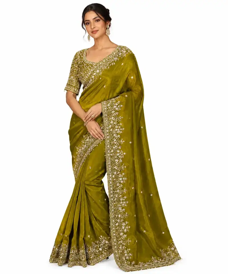 Olive Green Space Silk Saree with Heavy Embroidered Blouse, Designer Party Wear Saree, Wedding Guest Saree Olive Green Space Silk Saree with Heavy Embroidered Blouse, Designer Party Wear Saree, Wedding Guest Saree
