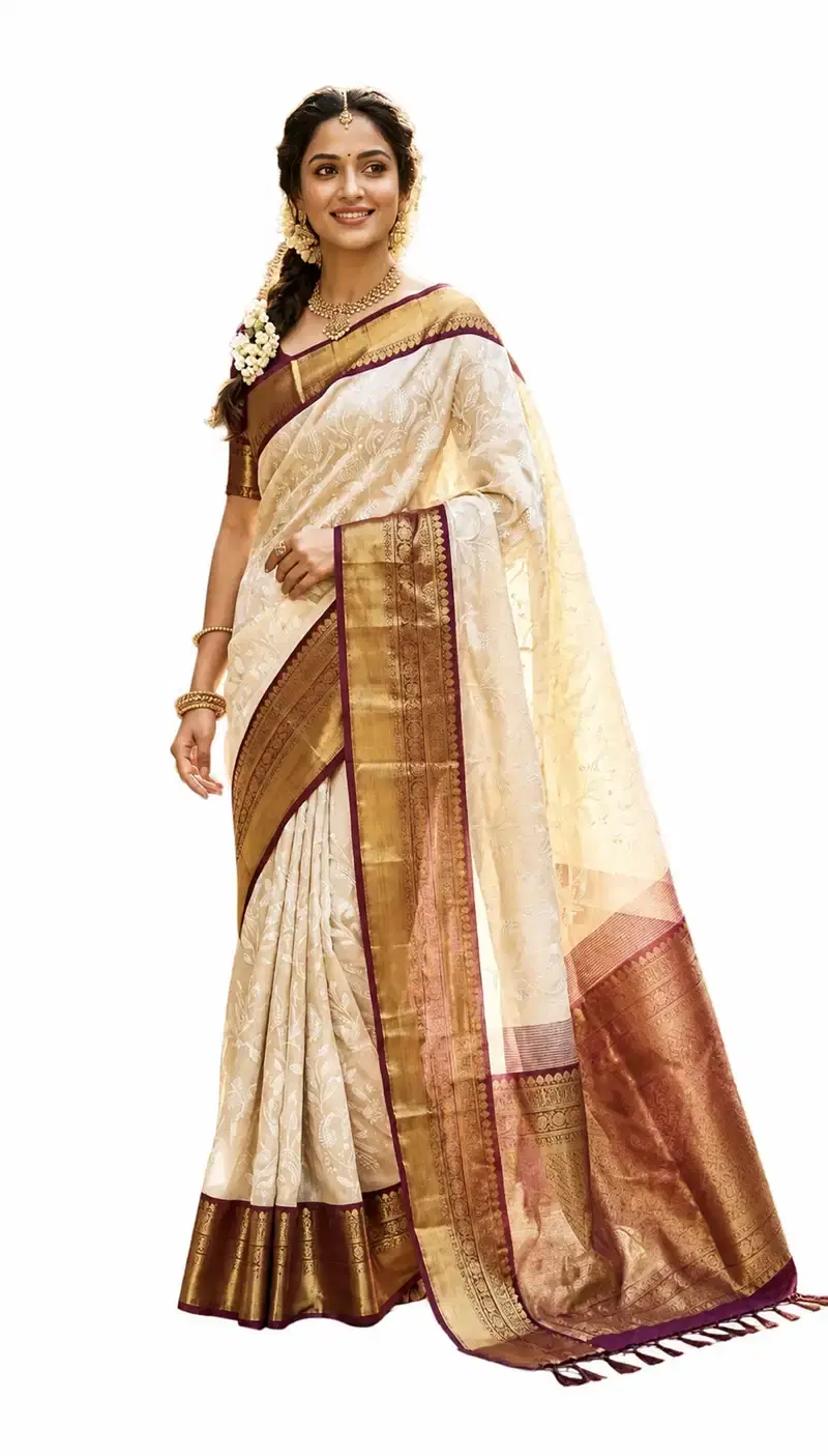 Cream Tissue Silk Saree Gold Zari Border Traditional Indian Wedding Saree South Indian Festive Party Wear Saree Cream Tissue Silk Saree Gold Zari Border Traditional Indian Wedding Saree South Indian Festive Party Wear Saree