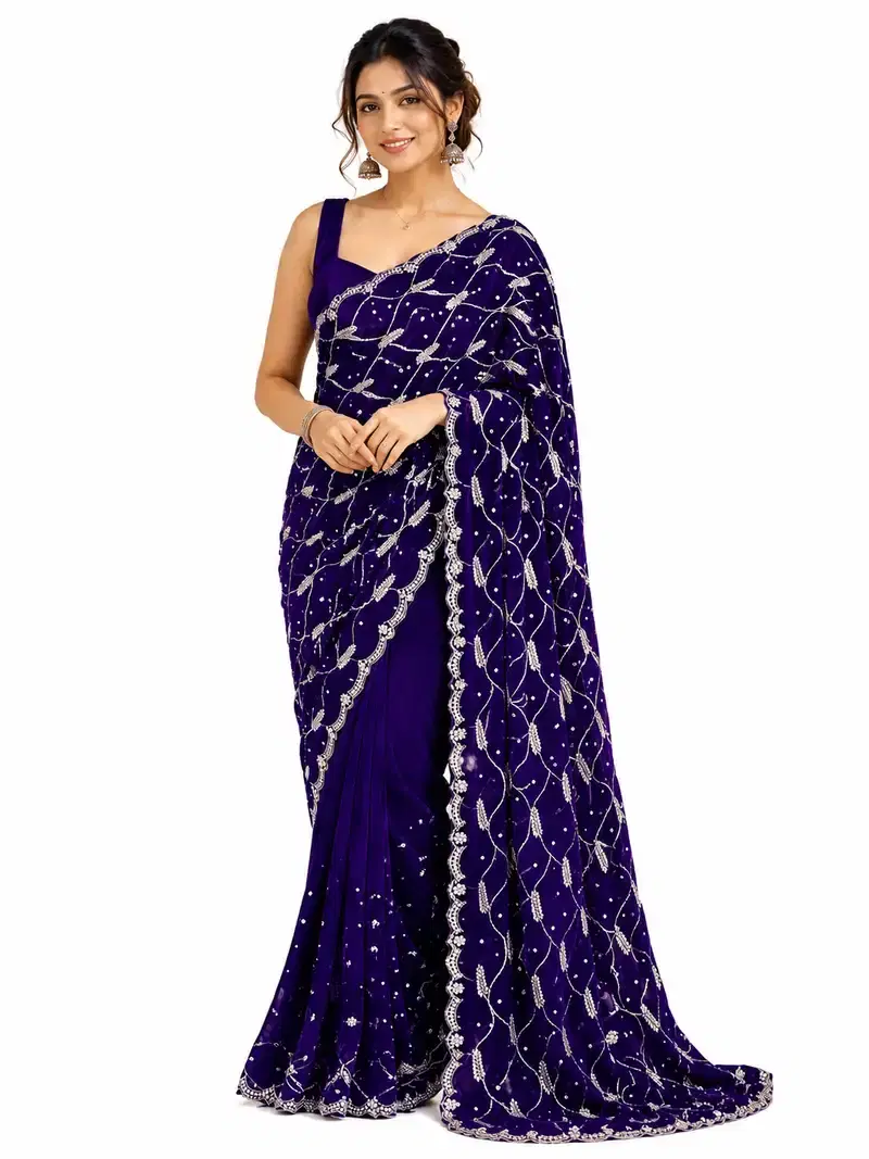 Premium Purple Space Silk Saree with Silver Embroidery, Unstitched Blouse, Designer Party Wear Indian Saree Premium Purple Space Silk Saree with Silver Embroidery, Unstitched Blouse, Designer Party Wear Indian Saree