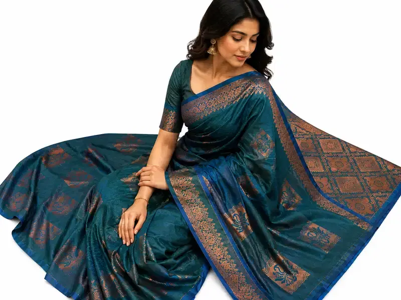 Teal Blue Soft Silk Saree with Copper Zari Border, Traditional Indian Party Wear Saree, Wedding Festive Saree Women Teal Blue Soft Silk Saree with Copper Zari Border, Traditional Indian Party Wear Saree, Wedding Festive Saree Women