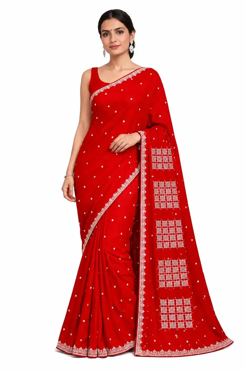 Red Premium Space Silk Saree with Silver Embroidery, Designer Party Wear Indian Saree, Wedding Festive Saree Red Premium Space Silk Saree with Silver Embroidery, Designer Party Wear Indian Saree, Wedding Festive Saree