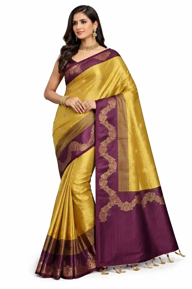 Mustard Gold Kattan Silk Saree with Purple Zari Border, Traditional Indian Silk Saree, Wedding Party Wear Saree Mustard Gold Kattan Silk Saree with Purple Zari Border, Traditional Indian Silk Saree, Wedding Party Wear Saree