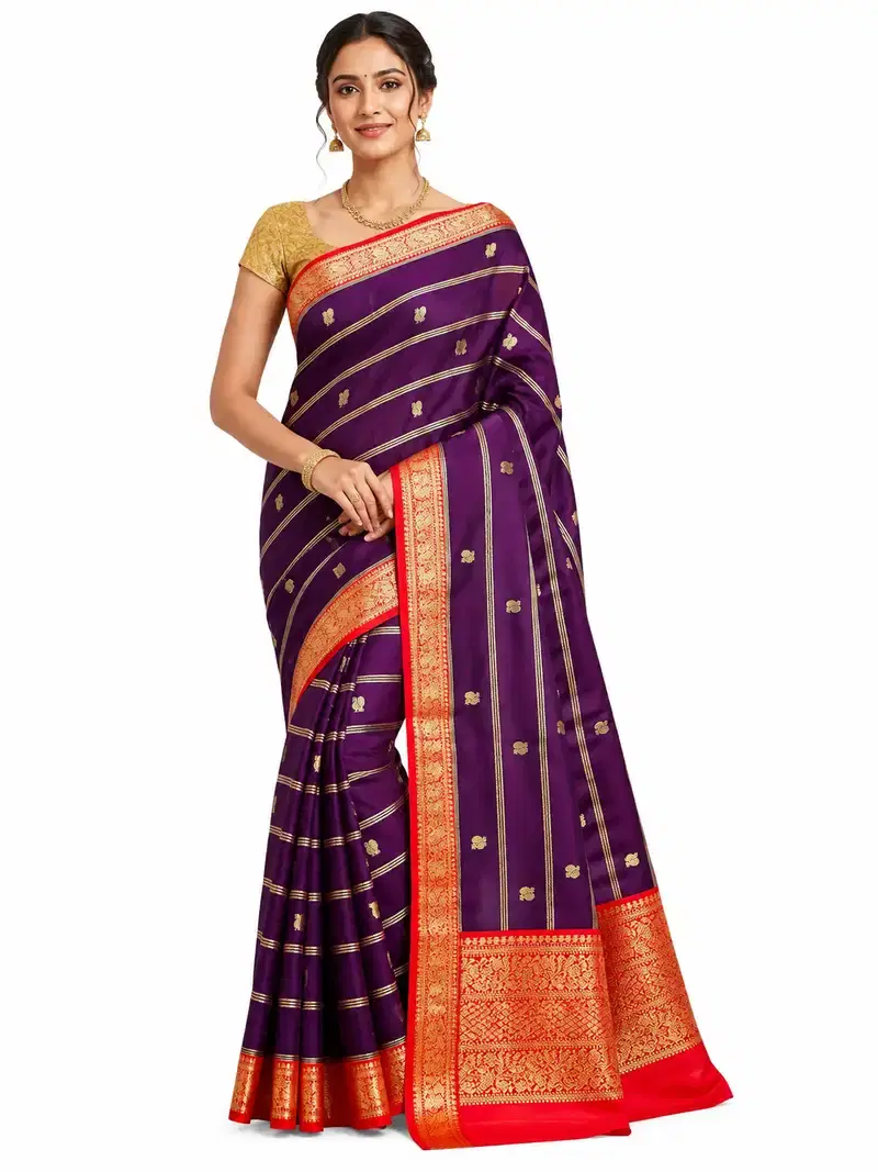 Purple Semi Silk Saree with Gold Zari Purple Semi Silk Saree with Gold Zari