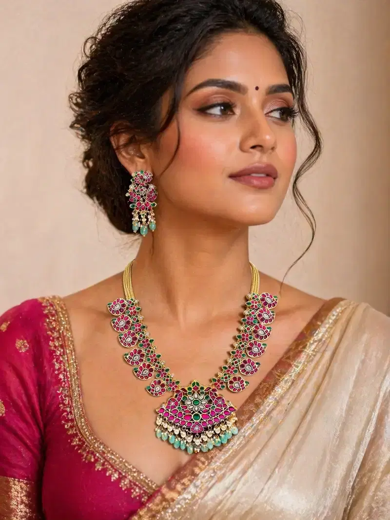 Jadau Kundan Medium Length Necklace Set with Matching Earrings | Pink and Green Gold-Tone Bridal Jewelry Jadau Kundan Medium Length Necklace Set with Matching Earrings | Pink and Green Gold-Tone Bridal Jewelry