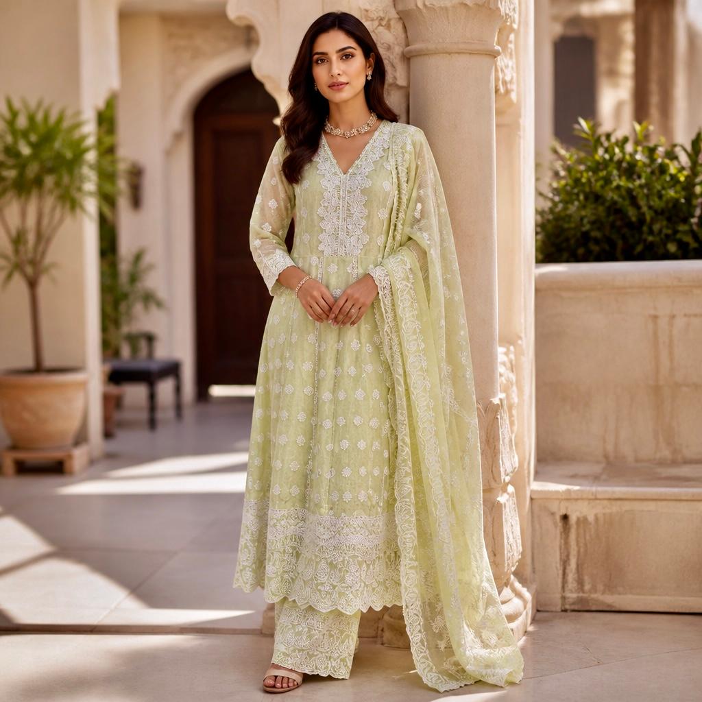 Pista Green Mal Cotton Anarkali Kurti with Schiffli Embroidery, Lace Work Dupatta & Pants Pista Green Mal Cotton Anarkali Kurti with Schiffli Embroidery, Lace Work Dupatta & Pants