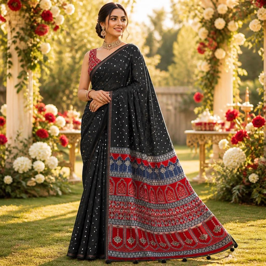 Black Modal Silk Saree with Mirror Work with Red Ajrakh Printed Blouse Black Modal Silk Saree with Mirror Work with Red Ajrakh Printed Blouse