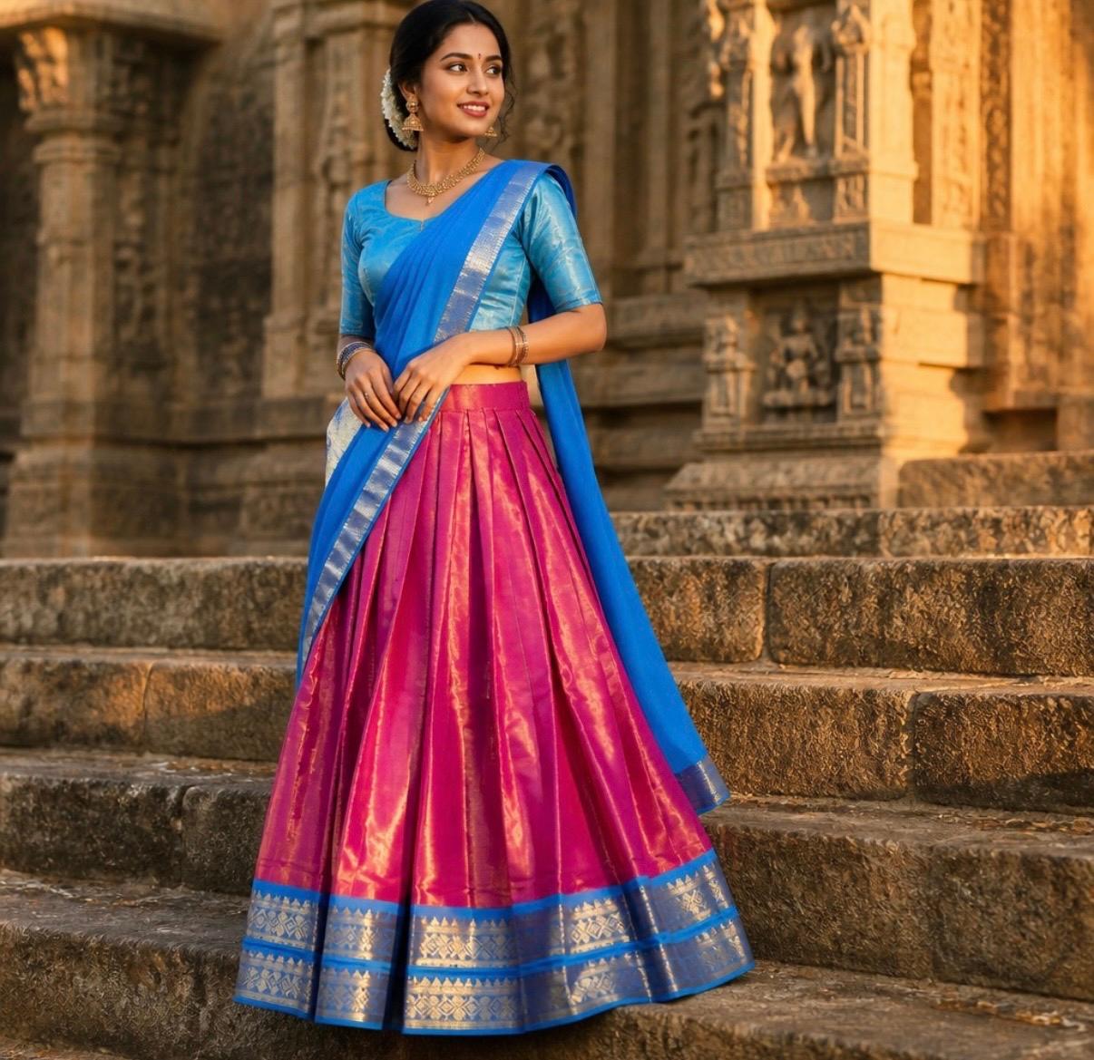 Royal Blue with Magenta Pink Traditional Dhavani Set with Zari Border Royal Blue with Magenta Pink Traditional Dhavani Set with Zari Border