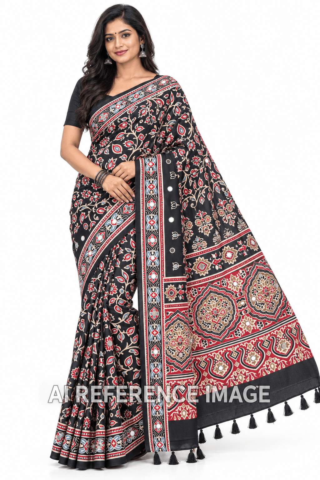 Masakali Mirror Work Black Saree Floral Print Indian Ethnic Women's Sari Masakali Mirror Work Black Saree Floral Print Indian Ethnic Women's Sari